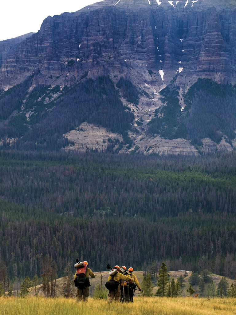 The Wyoming High Desert Helitack crew hikes out after a burn operation on the Norton Point Fire. Shoshone National Forest north of Dubois, Wyoming, 2011. PHOTO BY KARI GREER