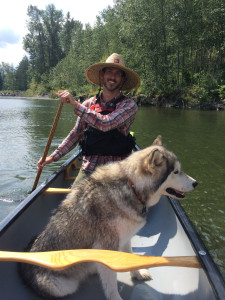 Kaya and the author’s husband Daniel enjoying a canoe trip down the south fork of the Nooksack River in Washington.