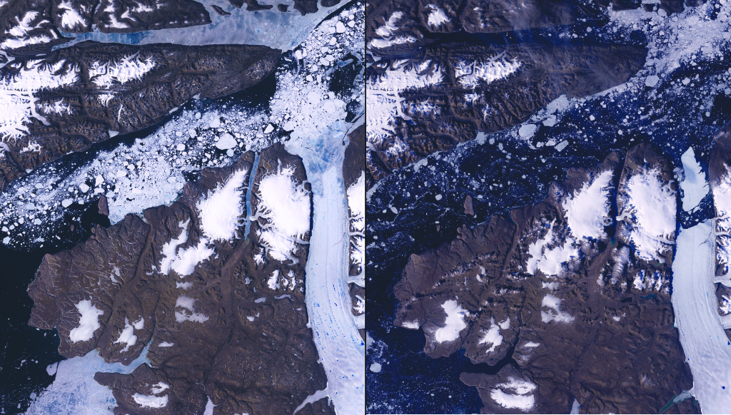 Satellite images from Landsat 7 of Greenland’s Petermann Glacier. At left: June 26, 2010; at right: Aug. 13, 2010. An iceberg more than four times the size of Manhattan broke off the glacier – the nearly vertical stripe stretching up from the bottom right of the images – along the northwestern coast of Greenland. IMAGE COURTESY OF USGS LANDSAT MISSIONS GALLERY, U.S. GEOLOGICAL SURVEY AND NASA EARTH PORTAL
