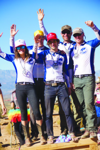 Team Hiball celebrating their five-person, co-ed division victory: Mindy Mulliken of Steamboat Springs, Colo.; Cameron Johnson and Nick Franczyk from Missoula; and Eric Ladd and Chad Rothacher of Big Sky.