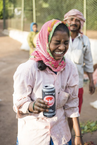 A Thippanahalli coffee estate employee after her first taste of the Hiball Organic Black Cherry energy drink.