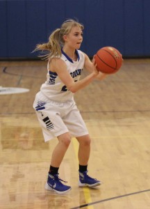 Dasha Bough squares up to shoot a 3-pointer against White Sulphur Springs on Feb. 6 in one of the Lady Big Horns' last home games of the season. At the District tournament, Bough scored 21 points in LPHS's 57-56 loser-out loss to Shields Valley. Photo by Amanda Eggert