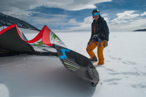 Hans Schernthaner prepares his inflatable kite for launch at Reynolds Pass on the Montana/Idaho border.