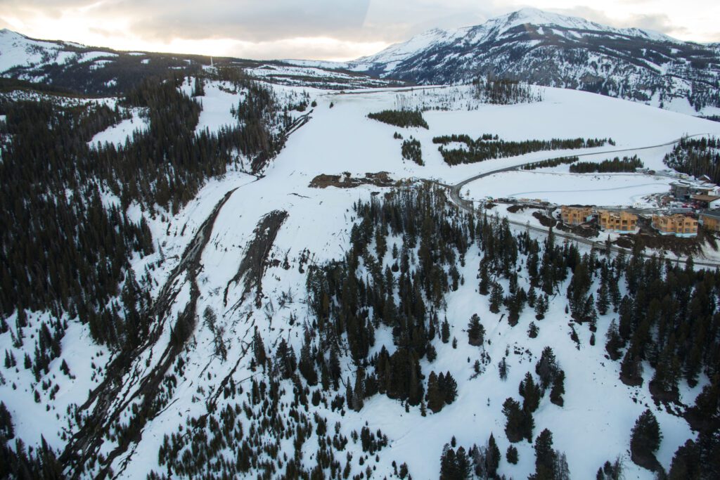 Yellow Mule Ridge that includes the Yellowstone Club golf course, retention pond and leak site – seen at far left – in the South Fork of the West Fork of the Gallatin River watershed, as photographed from Andesite Ridge March 5. PHOTO BY WES OVERVOLD