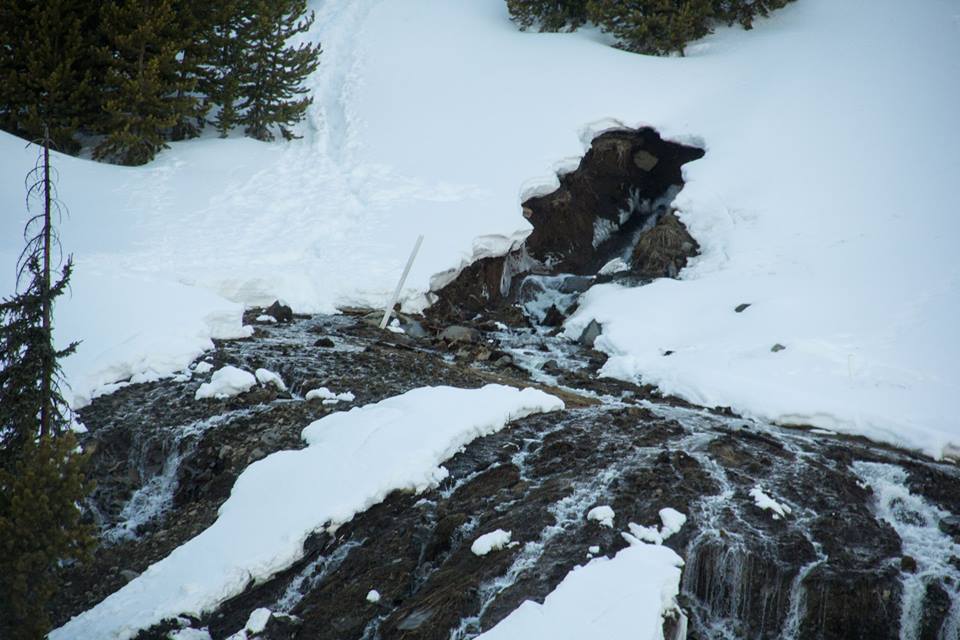 A closer view of the Yellowstone Club wastewater leak site shows clear effluent water flowing down the hillside. PHOTO BY JOSEPH T. O'CONNOR