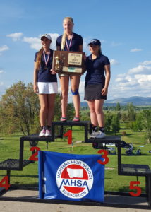 (From left) Sayler Tatom, Katie Reid and Delaney Pruiett claimed the first girls’ State C golf title in Lone Peak High School’s history on May 18. PHOTO BY ANNE REID