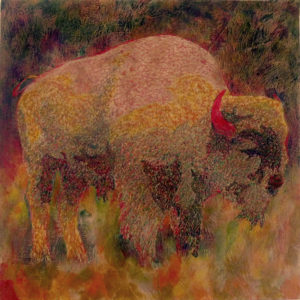 “Golden Bison,” encaustic, 34”x34” (framed) is one of Caughey’s pieces currently hanging in Big Sky’s Creighton Block Gallery.