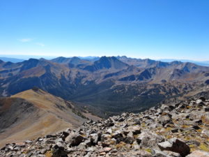 Looking south toward Imp Peak (center) into the Taylor-Hilgard complex from the summit of Koch Peak on Sept. 11, 2015.  