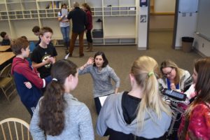 Laura Savia, associate artistic director of the Tony Award-winning Williamstown Theater Festival works with local middle school students on delivery of their Shakespeare scene during a day of outreach surrounding WMPAC's presentation of "The Winter's Tale." PHOTO BY JOHN ZIRKLE