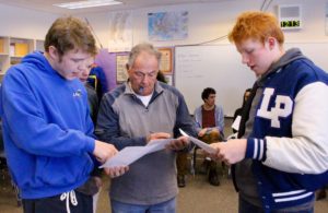 Retired Shakespeare in the Parks coordinator, Joel Jahnke, gives students techniques to improve delivery of their lines. PHOTO BY MEGAN BEUCKING