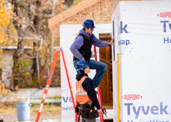 Gallatin College Montana State University students built storage sheds for the Bozeman nonprofit Haven in 2022. PHOTO BY REX CONNELL