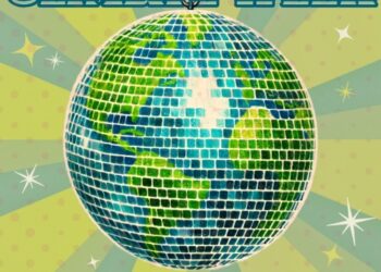 Poster promoting Climate Week at Montana State University, featuring a hanging disco ball globe. defaults to a retro sunburst background.