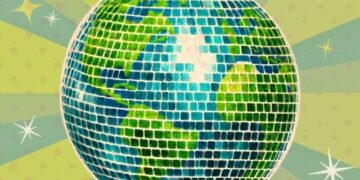 Poster promoting Climate Week at Montana State University, featuring a hanging disco ball globe. defaults to a retro sunburst background.