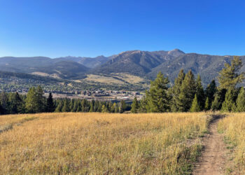 Wide valley with golden grasses, a dirt path on the right, and forested mountains under a clear blue sky.