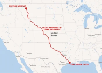 Map showing the proposed US-287/I-47 route from Port Arthur, Texas to Choteau, Montana marked in red.
