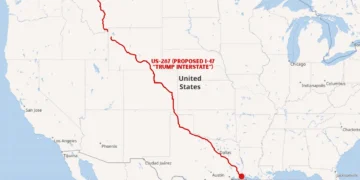 Map showing the proposed US-287/I-47 route from Port Arthur, Texas to Choteau, Montana marked in red.