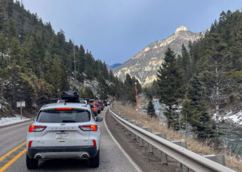 Line of cars in a mountain road traffic jam, with a metal guardrail on the right, evergreen trees, and a rocky peak in the distance under a blue sky.
