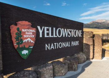 Yellowstone National Park sign with the National Park Service emblem and distant mountains under a blue sky.