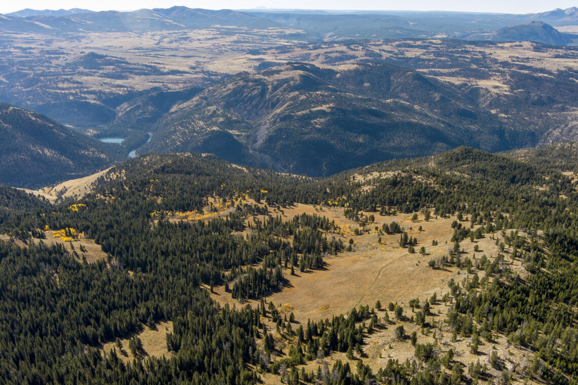 Aerial view of distant mountains, rolling hills, and pine forests with a golden grass plain and a small blue lake in the valley below.