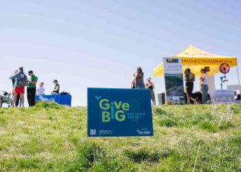 Blue GiveBIG Gallatin Valley sign in a grassy field at an outdoor event with tents and people in the background.