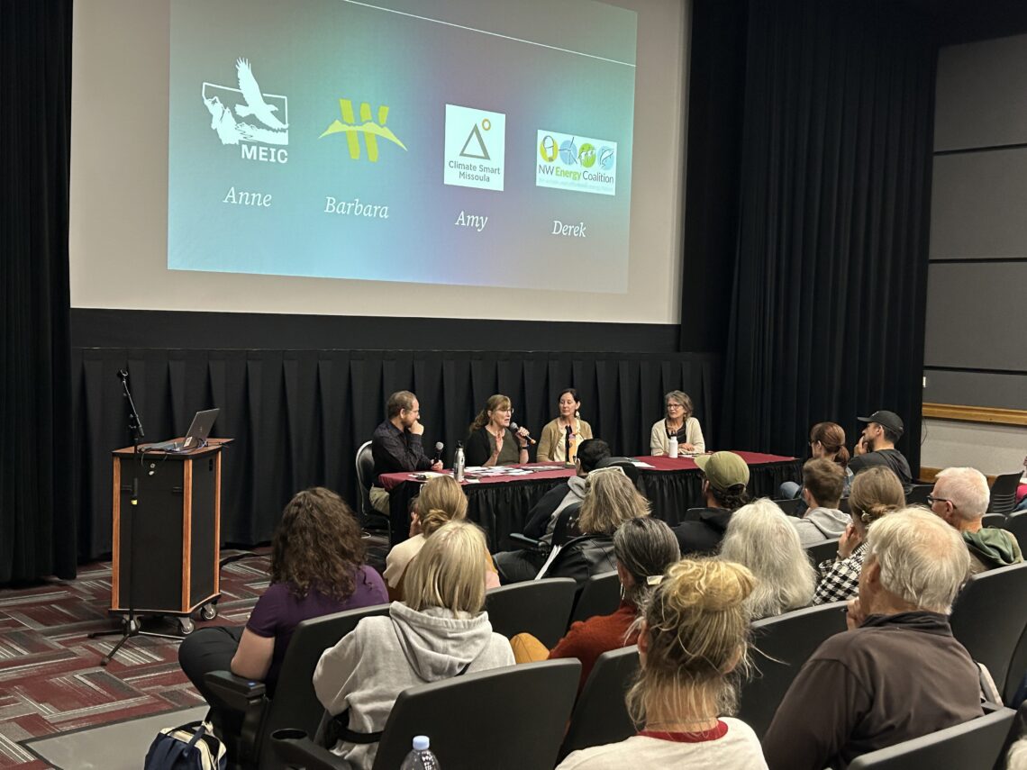 Panel discussion with four speakers seated at a long table on a stage; projection screen shows logos and the names Anne, Barbara, Amy, Derek.