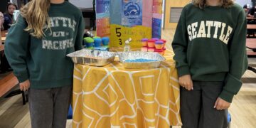 Two teenage girls in Seattle sweatshirts stand at a table with a bright orange and yellow project board titled 'Tide and Texture' in a classroom setting.
