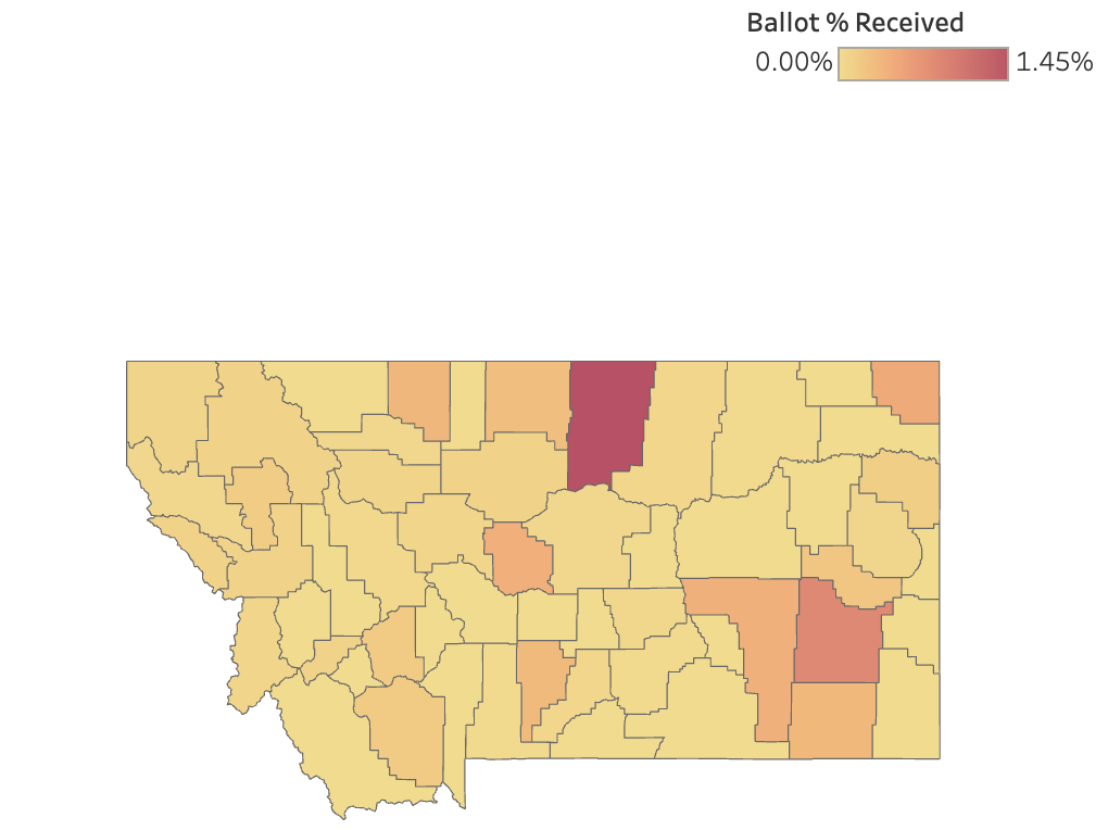 Choropleth map of Oklahoma counties showing ballot percentage received by county, color-coded from pale yellow (low) to dark red (higher), legend reads 0.00% to 1.45%.