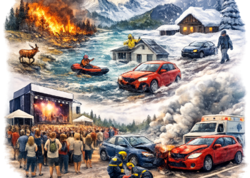 A composite disaster scene with wildfire on the left, floodwater and submerged buildings, snowy mountains, a village, cars, and emergency responders treating crash victims near a smoking car while a crowd watches a concert.