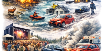 A composite disaster scene with wildfire on the left, floodwater and submerged buildings, snowy mountains, a village, cars, and emergency responders treating crash victims near a smoking car while a crowd watches a concert.