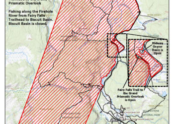 Map showing a large, red-hatched area labeled 'Area Closed' inside Yellowstone National Park, with surrounding trails and roads. The header reads 'CLOSED UNTIL FURTHER NOTICE' and a legend notes dashed trails and road types.
