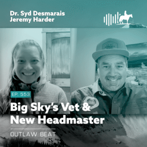 Podcast cover: two hosts in a split-screen video call with a teal tint, for 'Big Sky’s Vet & New Headmaster' (EP. 553).