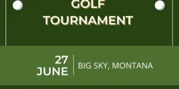 Promotional green flyer for Big Sky Ski Education Foundation's 'Swing Into Summer' charity golf tournament, June 27 in Big Sky, Montana.