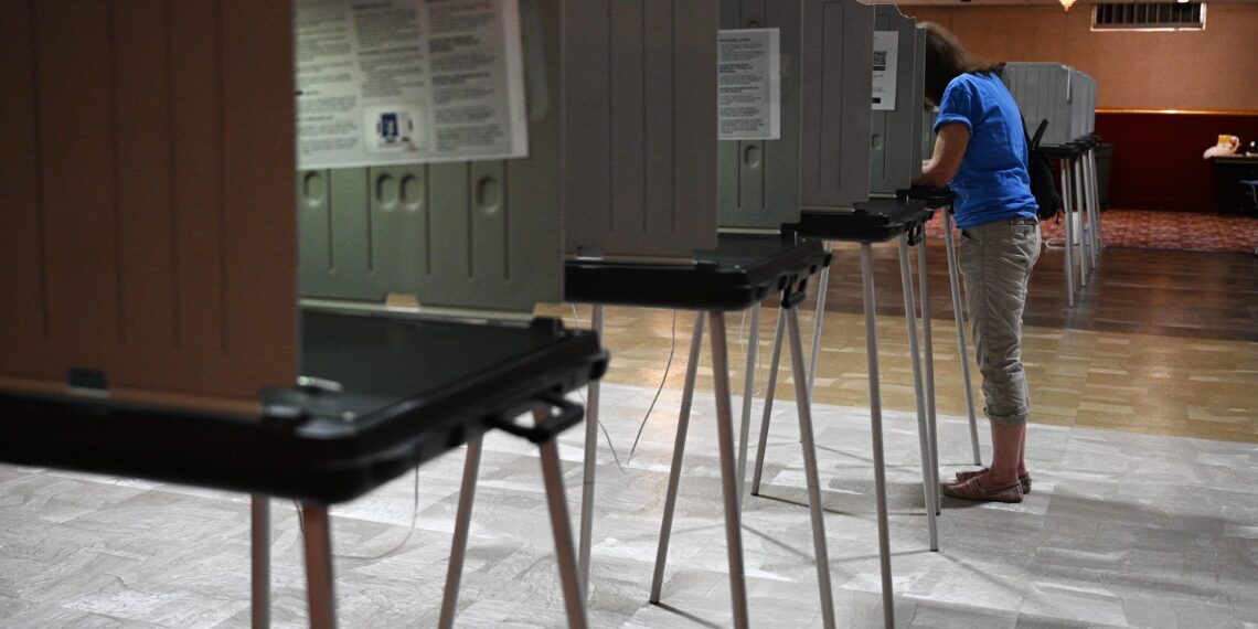 Voter at a privacy voting booth row in a polling place with gray dividers.