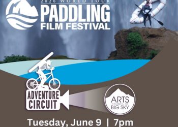 Poster for 2026 Paddling Film Festival with waterfall background, paddler on a rock and logos for Adventure Circuit and Arts Council of Big Sky; event date Tue, June 9 at 7pm at The Waypoint in Big Sky.