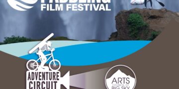Poster for 2026 Paddling Film Festival with waterfall background, paddler on a rock and logos for Adventure Circuit and Arts Council of Big Sky; event date Tue, June 9 at 7pm at The Waypoint in Big Sky.