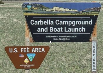 Sign for Carbella Campground and Boat Launch managed by the Bureau of Land Management (Butte Field Office) in a grassy field beneath a painted top panel image.