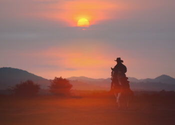 Silhouette of a rider on a horse at sunset, with a warm orange sky and distant hills behind.