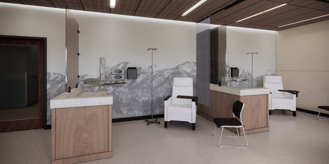 Treatment stations in a modern clinic with white chairs, IV poles, and a mountain mural on the wall