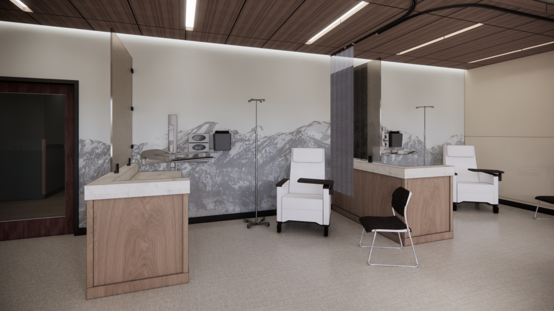 Treatment stations in a modern clinic with white chairs, IV poles, and a mountain mural on the wall