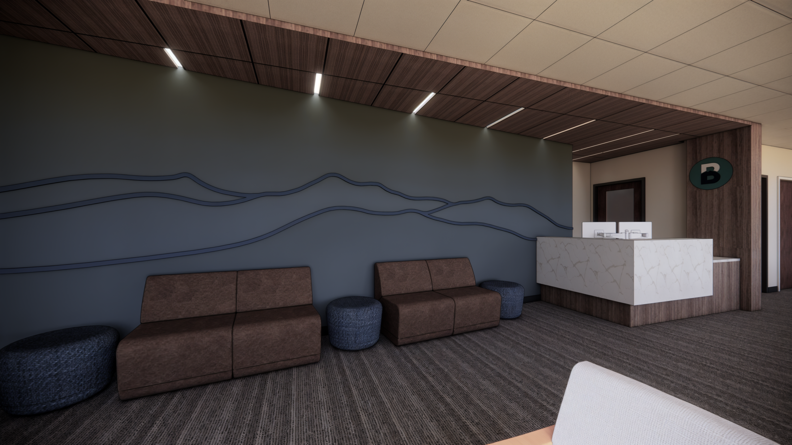 Modern office lobby with blue wave wall art, brown couches, blue ottomans, and a white marble reception desk.