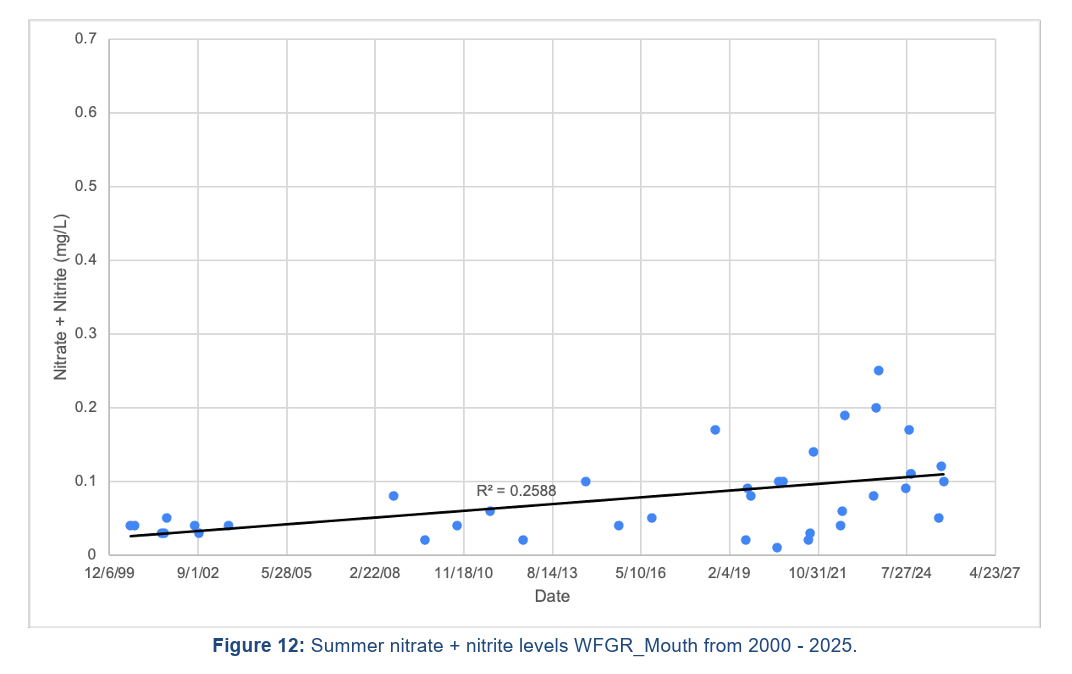 Scatter plot of summer nitrate + nitrite levels at WFGR_Mouth (2000–2025): blue data points and an upward trend line (R² = 0.2588); x-axis shows dates, y-axis shows Nitrate + Nitrite (mg/L).
