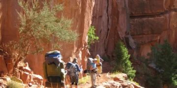 Group of hikers with large backpacks walking along a rocky desert trail beside a red cliff wall.
