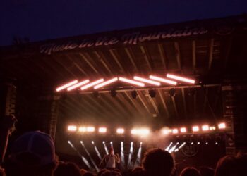 Nighttime outdoor concert with a performer on a lit stage and a silhouetted crowd in the foreground. Neon strip lights run diagonally above the stage.