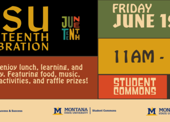 MSU Juneteenth Celebration poster: Friday, June 19, 2026, 11 AM–1 PM at Student Commons and SUB 185; drop‑in lunch, music, activities, raffles.