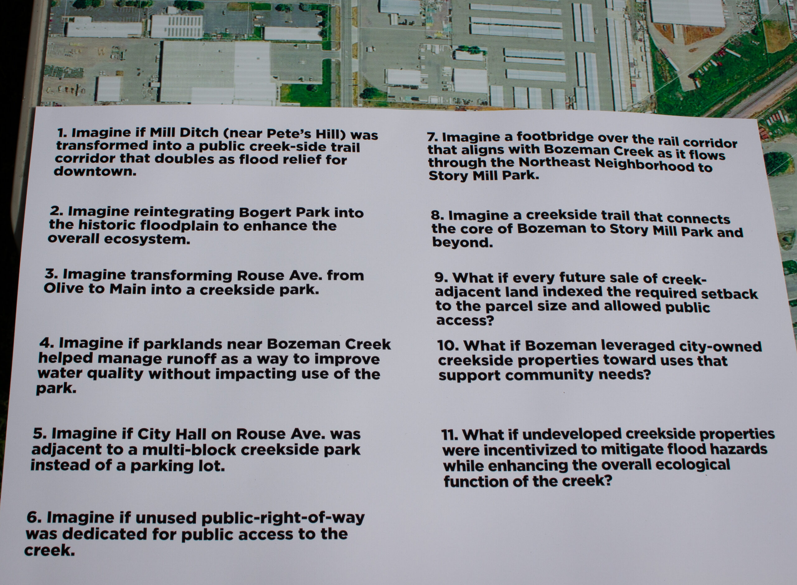 Two-column page of urban-planning questions (1–11) over an aerial map background showing buildings and green space, partially cropped by the sheet edge.