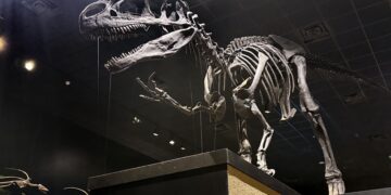 Mounted theropod dinosaur skeleton on display in a dim museum gallery, viewed from the side with its jaws open
