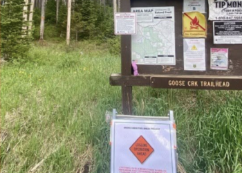 Wooden Goose Creek Trailhead sign in a forest with maps and notices posted on a board nearby shift of signs inside.