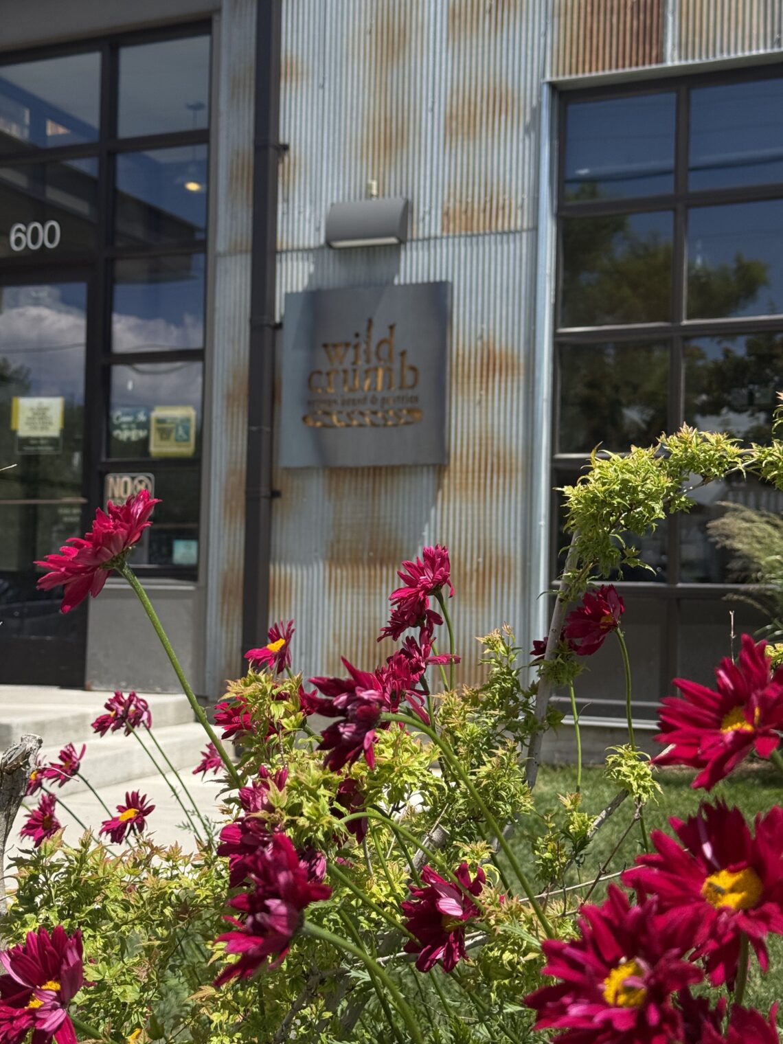 Metal storefront with a rusted corrugated metal wall and a metal sign that reads 'wild crumb' (or similar); bright pink flowers in the foreground.