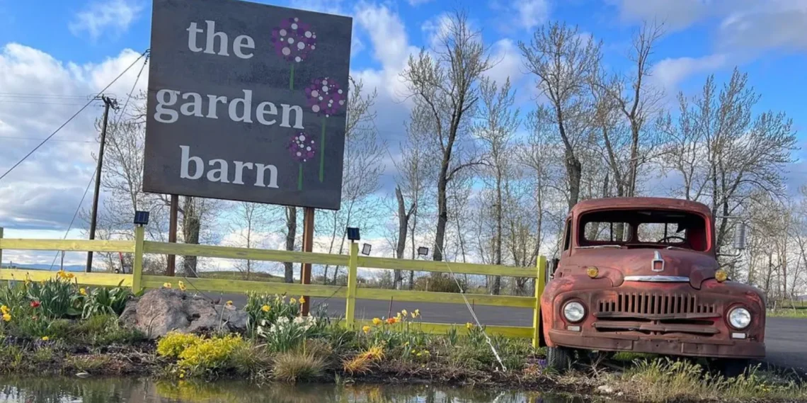 Rusty vintage red truck beside a sign reading 'the garden barn' with a yellow fence and spring flowers by a small pond under a blue sky.