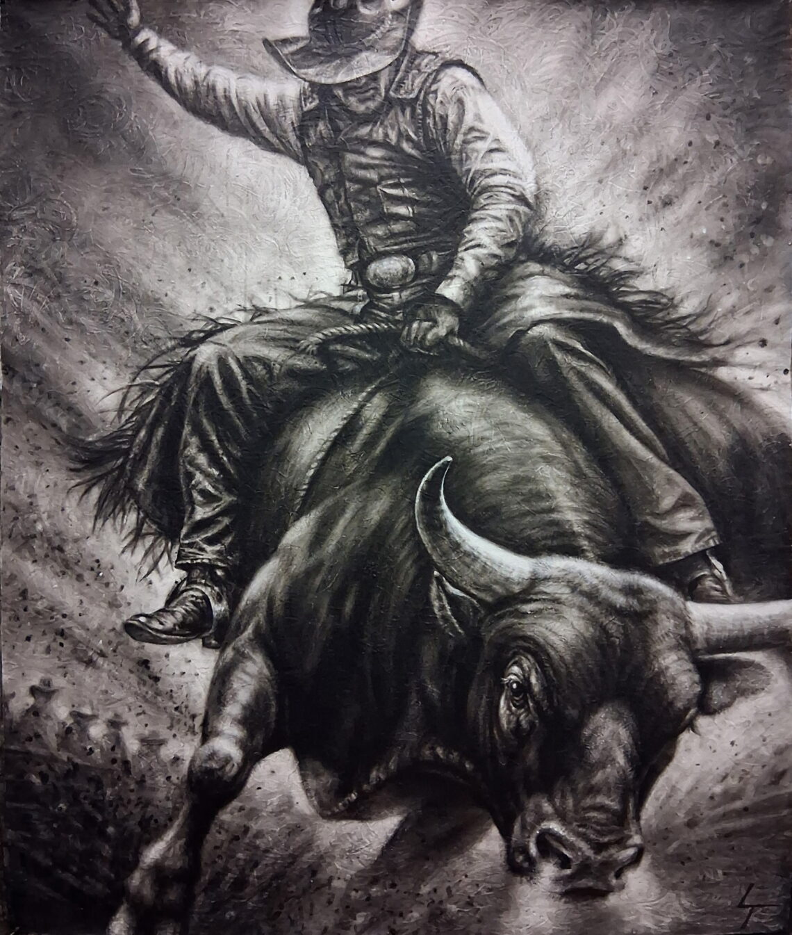 Black-and-white drawing of a cowboy on a rearing horse, swinging a lasso above his head in a dusty scene.